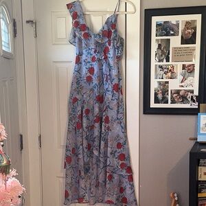 One Shoulder Floral Dress in Blue and Red